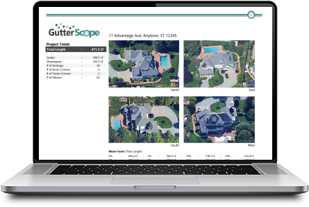 Laptop displaying a GutterScope measurement report, highlighting precise gutter lengths and placement data for accurate gutter estimates and material ordering on gutterscope.com